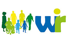 Logo, mit einer Grafik von einer Personengruppe und dem Wort "Wir" und dem Text "für Menschlichkeit und Vielfalt"