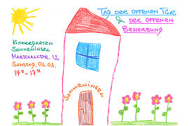 Kinderzeichung von einem Haus, auf dem das Wort Sonneninsel steht und die Daten vom Tag der offenen Tür